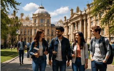Students walking through a university campus