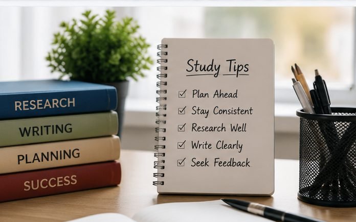 A notepad of study tips beside a stack of textbooks